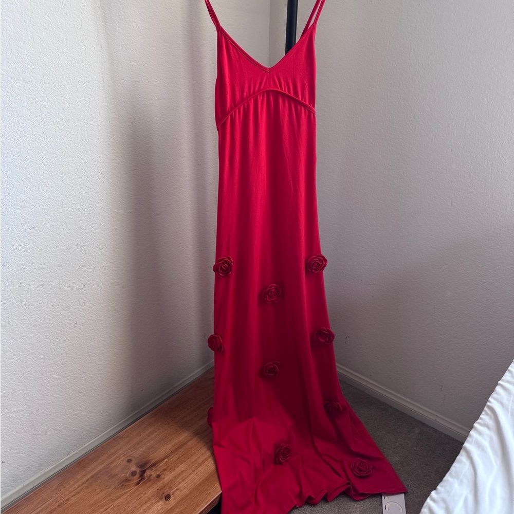 Commense Vibrant Red Maxi Dress with Rose Details